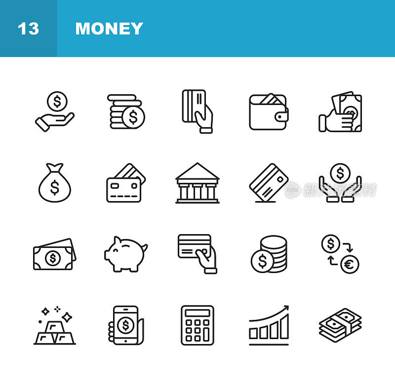 Money Line Icons. Editable Stroke. Pixel Perfect. For Mobile and Web. Contains such icons as Money, Wallet, Currency Exchange, Banking, Finance.